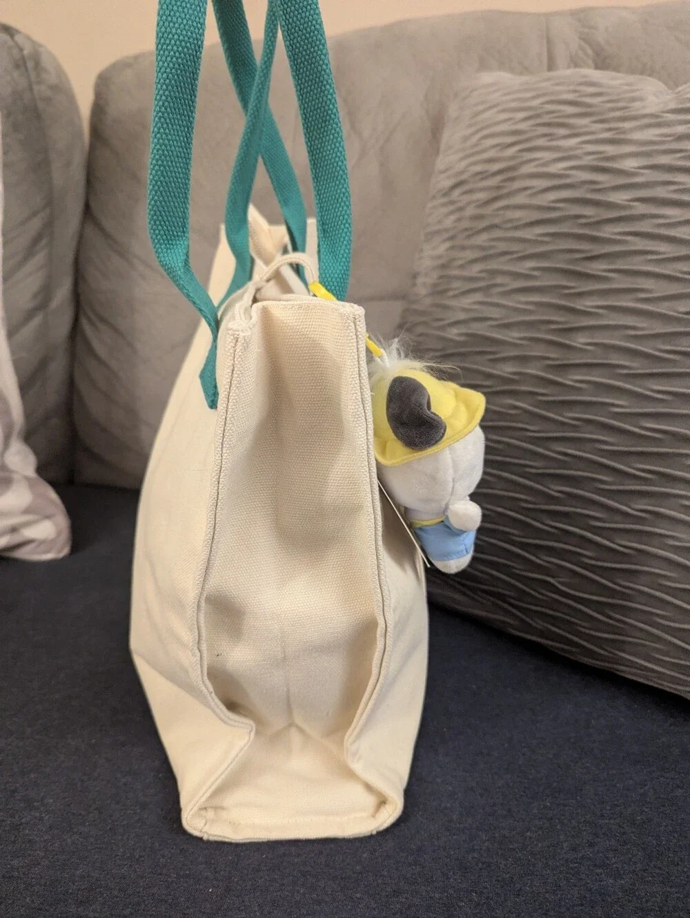 Pochaco Inspired Canvas Tote Bag with Teal Handles And Plush Keychain
